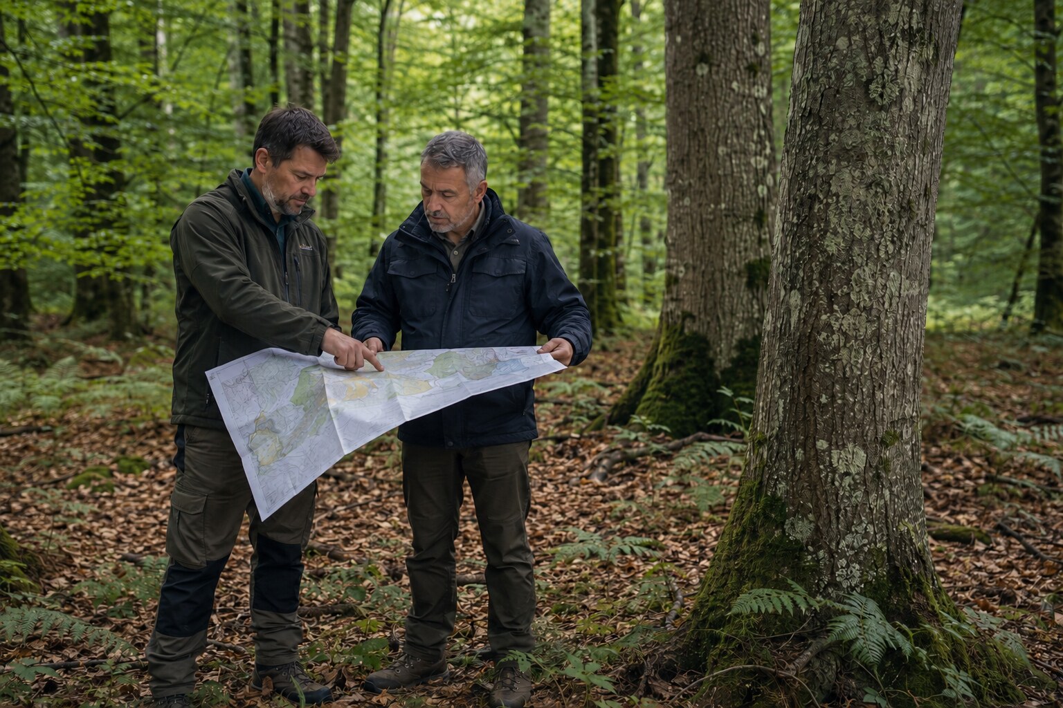 Deux professionnels forestiers étudiant un plan en forêt