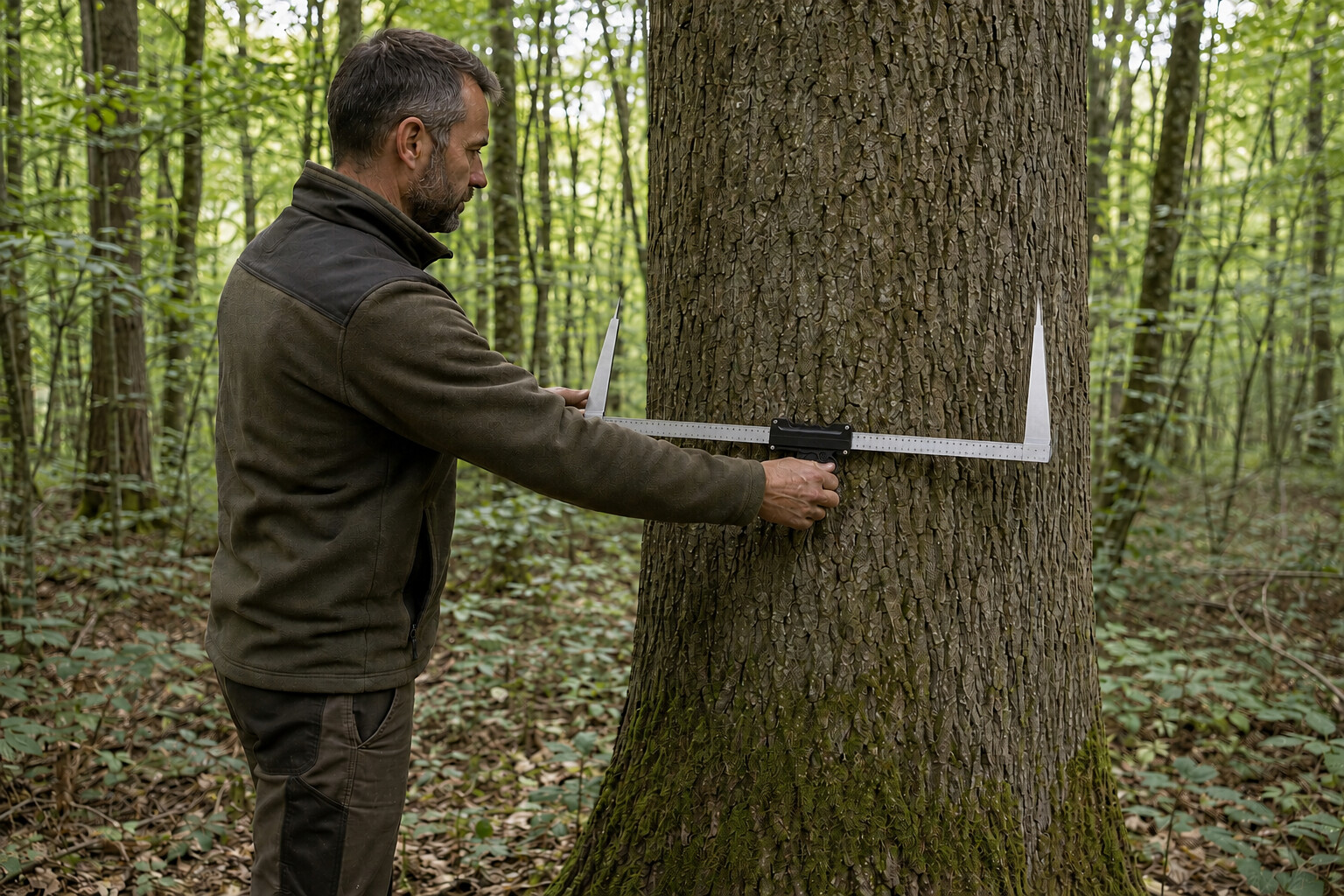 Technicien forestier mesurant un arbre sur pied avec un compas forestier