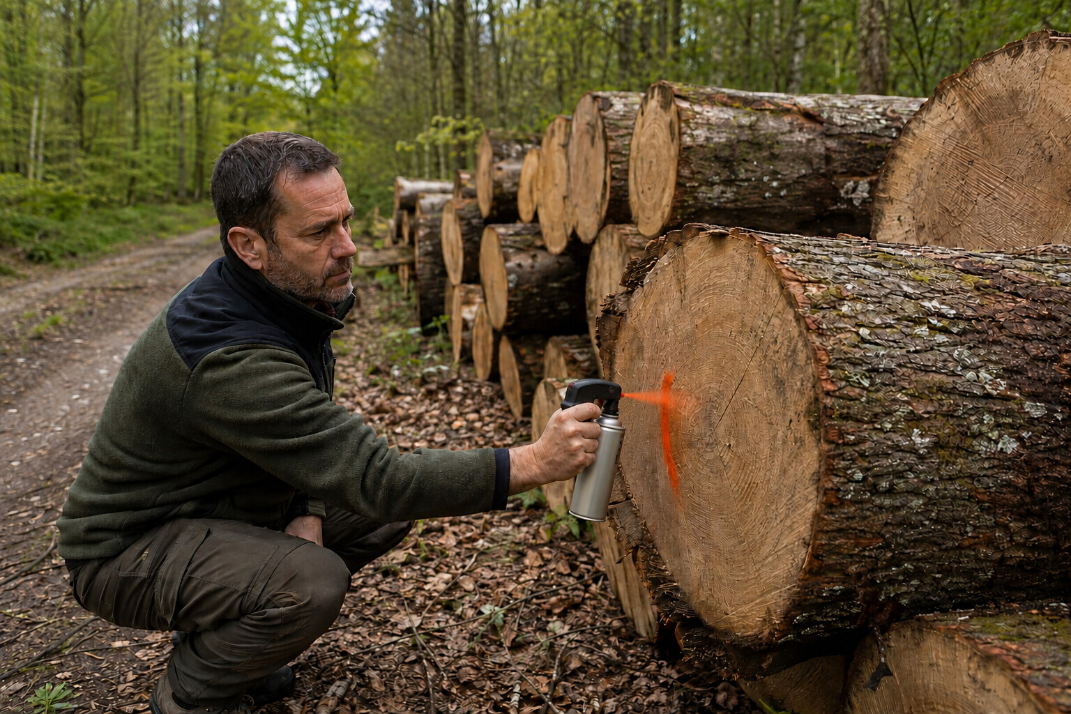 Technicien marquant le pied d'une grume sur un lot de bois bord de route