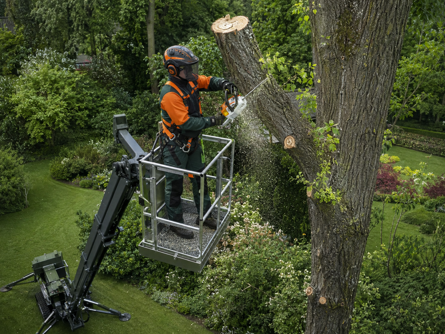 Arboriste démontant un arbre à la tronçonneuse depuis une nacelle élévatrice